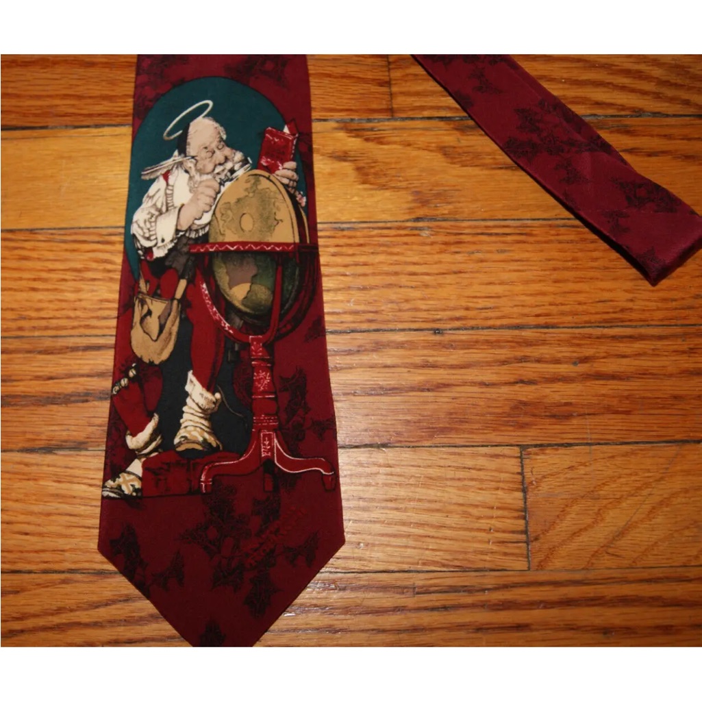 Vtg 1994 Norman Rockwell Silk Neck Tie Santa Claus Globe Saturday Evening Post